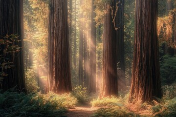 Sunbeams illuminate a serene redwood forest path, creating a magical, mystical atmosphere.