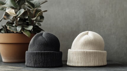 Realistic beanie mockup soft knitted texture blank design in neutral colors and customizable embroidery details