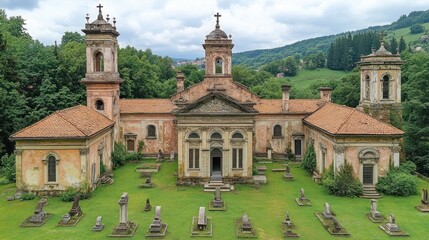 Abandoned church complex with graveyard