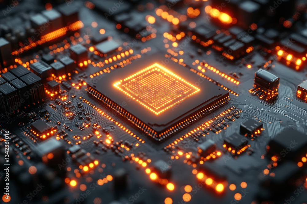 Poster a chip with many parts and glowing elements. the central part is visible, which is the processor wit