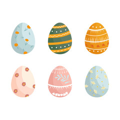 Set of six Easter eggs in cute doodle style. Collection of colorful holiday elements. Spring collection in bright colours