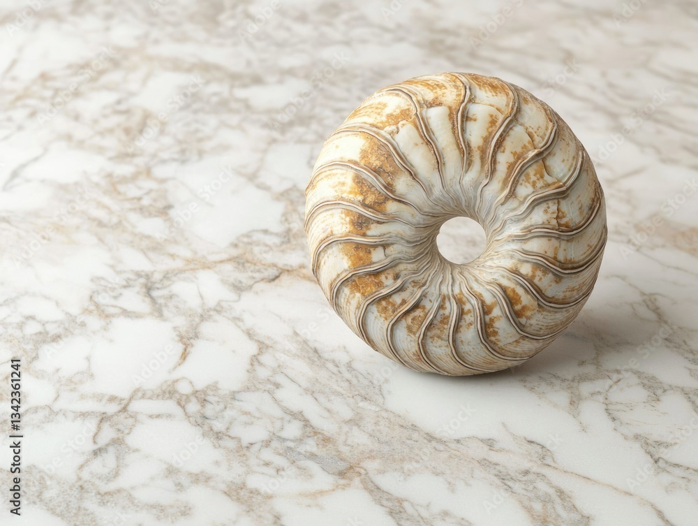 Poster a fossilized ammonite, resembling a donut, rests on a marble surface. its intricate spiral pattern i