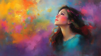 Dreamlike Portrait of a Woman Gazing Upward, Bathed in Vibrant Hues of Hope and Serenity