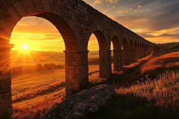 Ancient stone aqueduct framed by sunset, bathed in golden light, overlooking serene countryside.