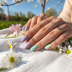 Fototapeta premium Colorful spring manicure showcases pastel hues amidst blooming flowers in serene park setting
