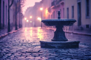 A stone fountain in a rain-swept cobblestone street, illuminated by warm streetlights at dusk.