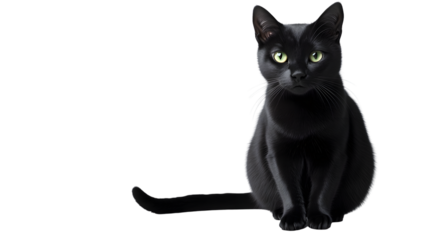 Elegant Black Cat with Glowing Green Eyes on a Transparent Background