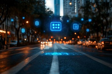 Glowing Light Digital Icons Over Wet City Street At Night