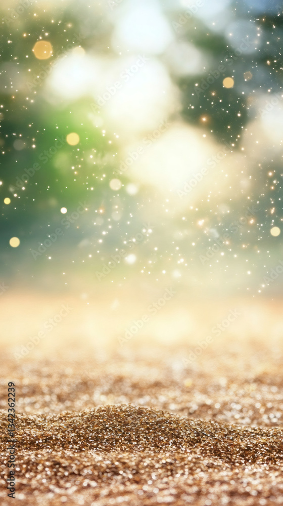 Poster sunlight gleaming across golden sand, soft bokeh blurring background into dreamy, shimmering landsca