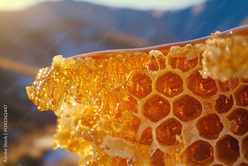 Poster golden honeycomb overflowing with honey, a close-up view showcasing its intricate structure and glis