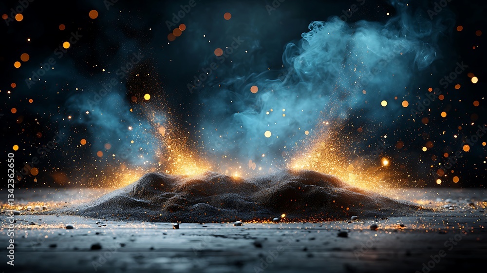 Poster fiery explosion on a dark surface