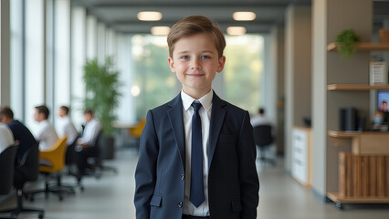 child wearing a business suit in a business office
