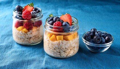 overnight oats with fresh berries and fruits in glass jars blue textile background close up