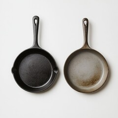 Two cast iron skillets, one black, one aged.