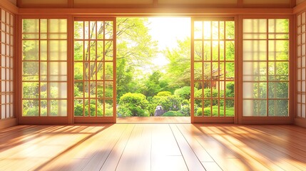 Obraz premium Serene Japanese Garden View Through Shoji Doors