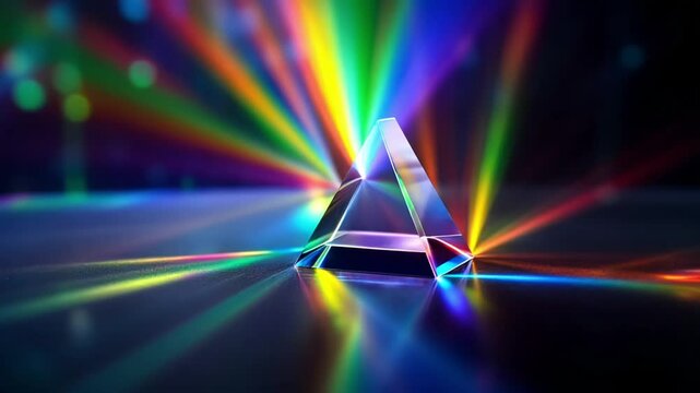 A glass prism refracting colorful beams of light in all directions.