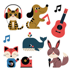 2d vector illustration icon cool entertainment cartoon character  music tools (Drum , Music Note , Headphones ,Microphone , Piano , Guitar ,Record) 
