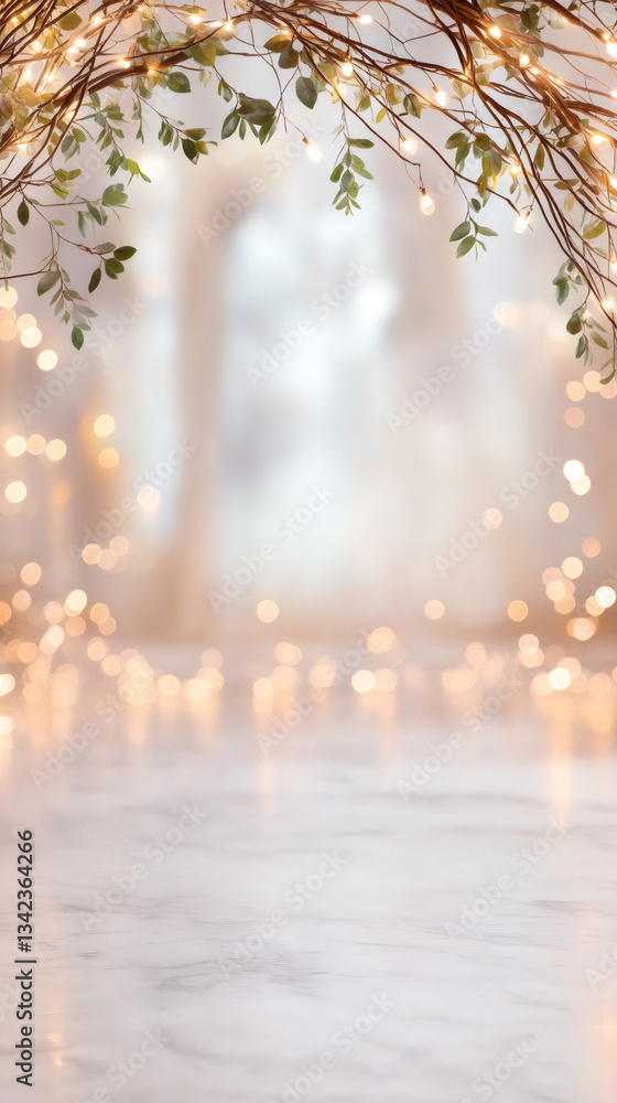 Poster marble surface adorned with hanging branches, soft fairy lights casting enchanting glow, creating el