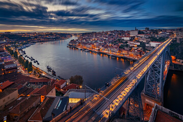 Porto, Portugal - View of Ribeira district and Dom Luís I Bridge from Vila Nova de Gaia at night
