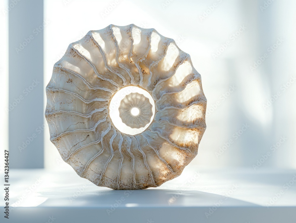 Poster a mesmerizing ammonite fossil, showcasing its intricate spiral structure and delicate, translucent s