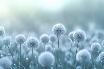 Obraz premium Serene field of delicate, white seed-head blossoms bathed in soft, diffused light