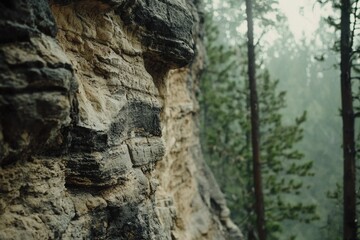 Layered rock face in a misty forest, showing texture and depth.