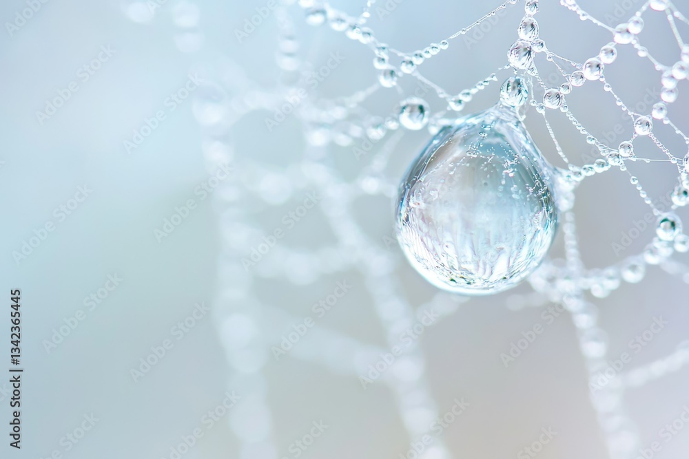 Poster a large dewdrop hangs from a spiderweb, reflecting light and showcasing the intricate details of the