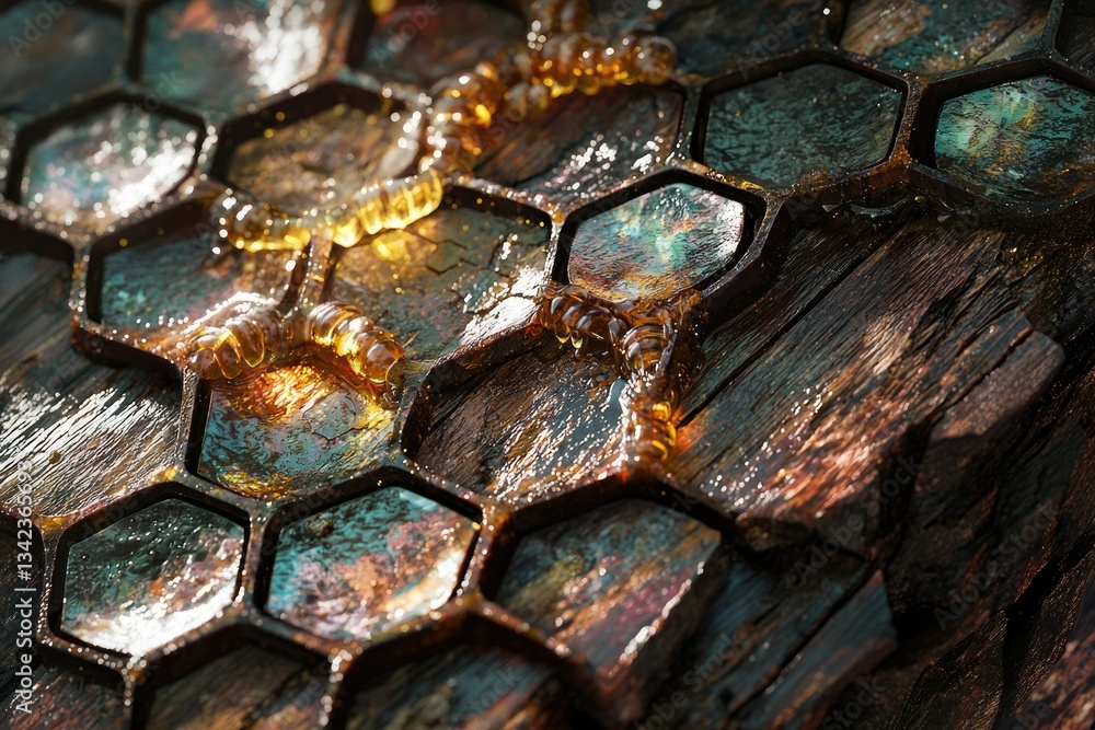 Poster honeycomb structure on dark wood, glistening amber liquid flows through hexagonal cells, creating a 