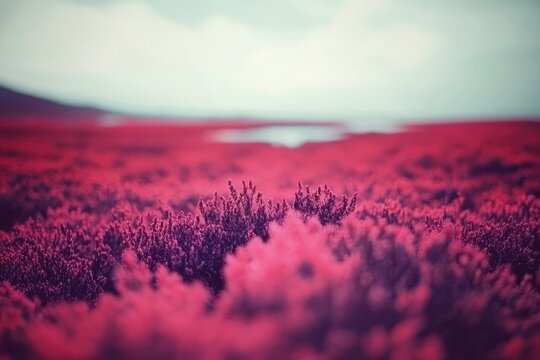 Vibrant pink and purple wildflowers blanket a vast landscape under a muted sky