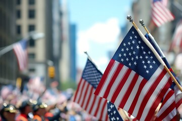 A patriotic crowd proudly waving American flags during a vibrant city parade, showcasing bold colors and a blurred urban backdrop.