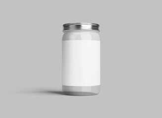 Clear Glass Jar with Metal Lid and Blank Label on Gray Background