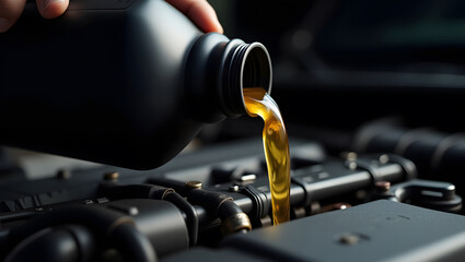 Engine Maintenance. Close-up of fresh motor oil being poured into a car engine. Vehicle care, lubrication, and the importance of regular maintenance for optimal performance