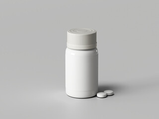 White Plastic Pill Bottle with Blank Label and Tablets on Gray Background