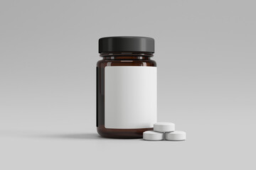 Amber Glass Pill Bottle with Blank Label and White Tablets on Gray Background