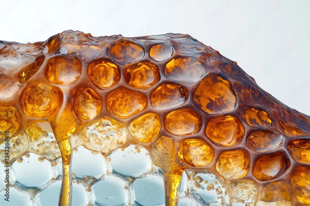 Poster golden honeycomb dripping with honey, showcasing its intricate hexagonal structure and viscous textu