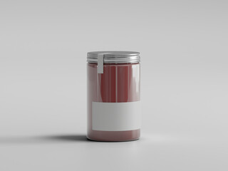 Transparent Glass Jar with Blank Label and Metal Lid on Gray Background