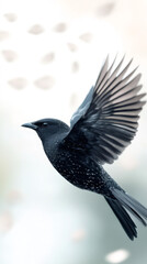 Black bird soaring, feathered wings extended wide across softly blurred landscape