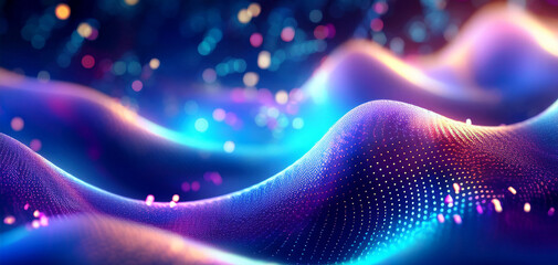 Digital waveforms in blue and purple, abstract background. Abstract digital background with flowing waves in vibrant blue and purple hues. Radiant lighting, flowing motion, deep textures