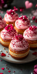 Fototapeta premium Pink frosted cupcakes!. Cupcakes with pink frosting and floral decorations are artfully arranged on a plate, creating a festive atmosphere.