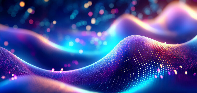 Digital waveforms in blue and purple, abstract background. Abstract digital background with flowing waves in vibrant blue and purple hues. Radiant lighting, flowing motion, deep textures