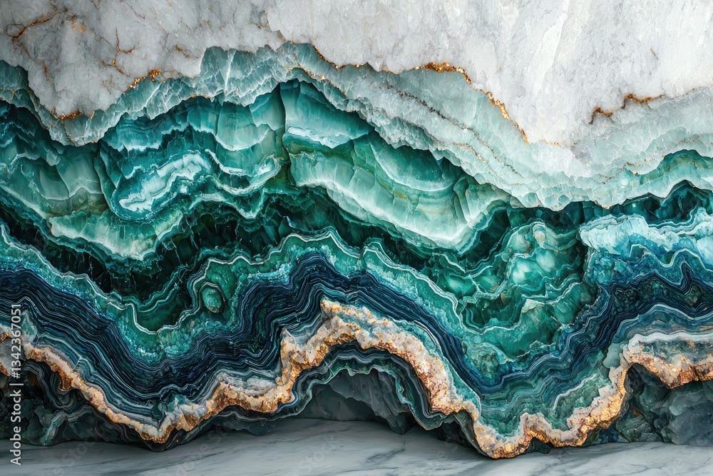 Aufkleber stunning teal and gold agate geode with intricate layered patterns and crystalline structures.