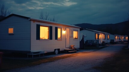Fototapeta premium Tranquil evening at a mobile home park, illuminated windows in twilight