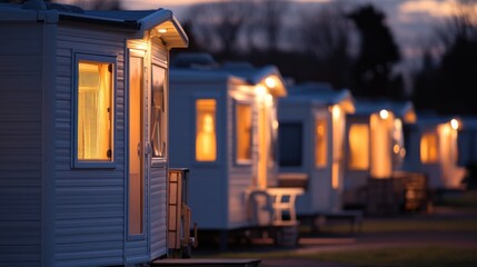 Illuminated Caravan Park at Dusk: Serene Holiday Retreat with Cozy Cottages