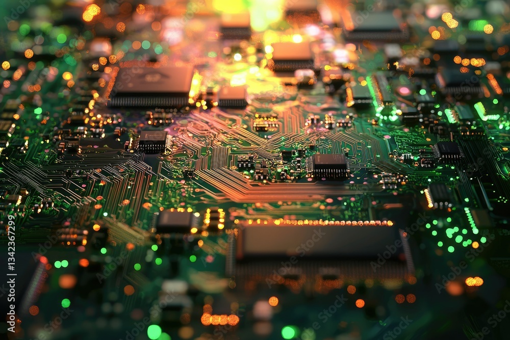 Poster intricate circuitry of a circuit board, glowing with warm and cool lights, showcasing microchips and