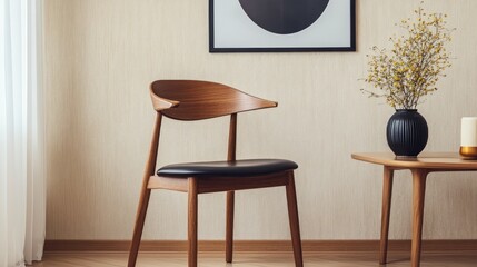 Elegant minimalist interior featuring a mid-century modern wooden chair