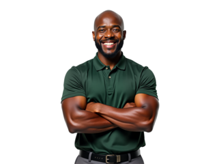 Smiling African American man portrait, arms crossed, in studio. Professional business headshot for corporate website, profile, marketing, or advertising. Isolated on transparent background.