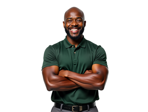 Smiling African American man portrait, arms crossed, in studio. Professional business headshot for corporate website, profile, marketing, or advertising. Isolated on transparent background. - Powered by Adobe