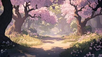 Fototapeta premium Serene Pathway Through Enchanted Cherry Blossom Forest Scene