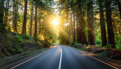 Fototapeta premium scenic road through forest with tall ancient trees and sunset shining through the branches