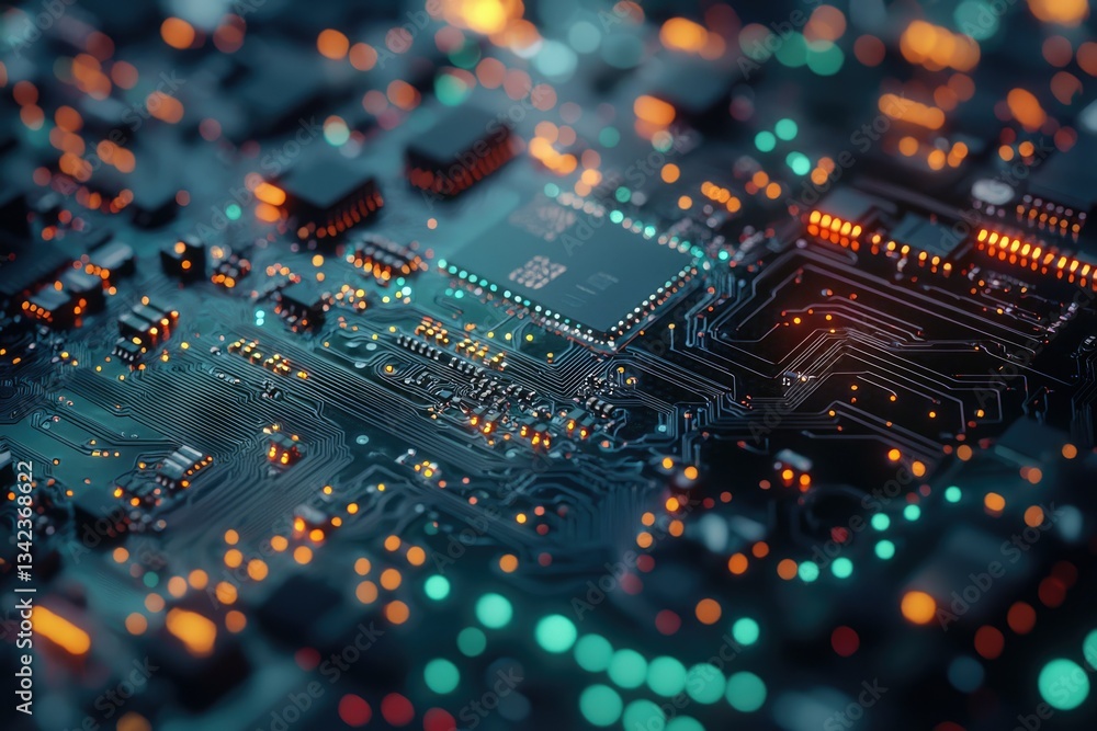 Poster close-up of a circuit board with glowing components, showcasing intricate circuitry and technologica